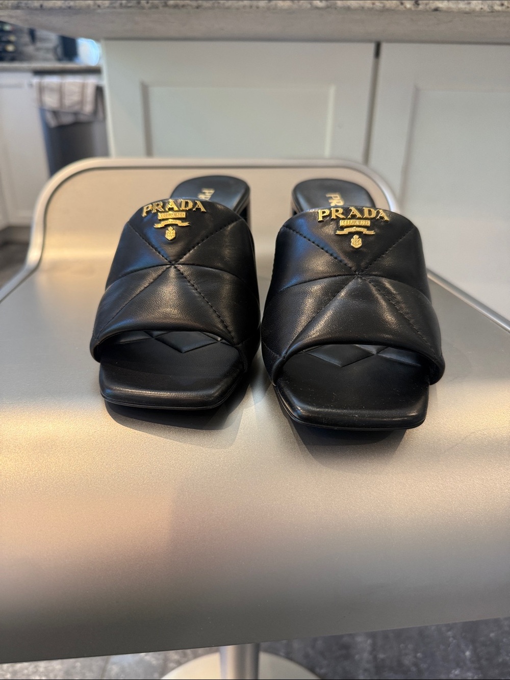 NIB Prada Black Quilted Leather Block Heel Mules with Gold Logo - Picture 2 of 8